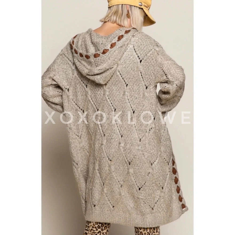 1 L POL Hooded Cardigan Open Front Diamond Weave Faux Suede Detail - Picture 4 of 13